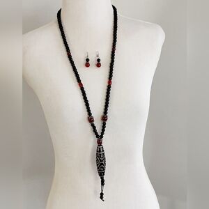 Tibetan DZI 15 Eye Totem Onyx|Carnelian Beaded Pendant Necklace 925 Earring Set